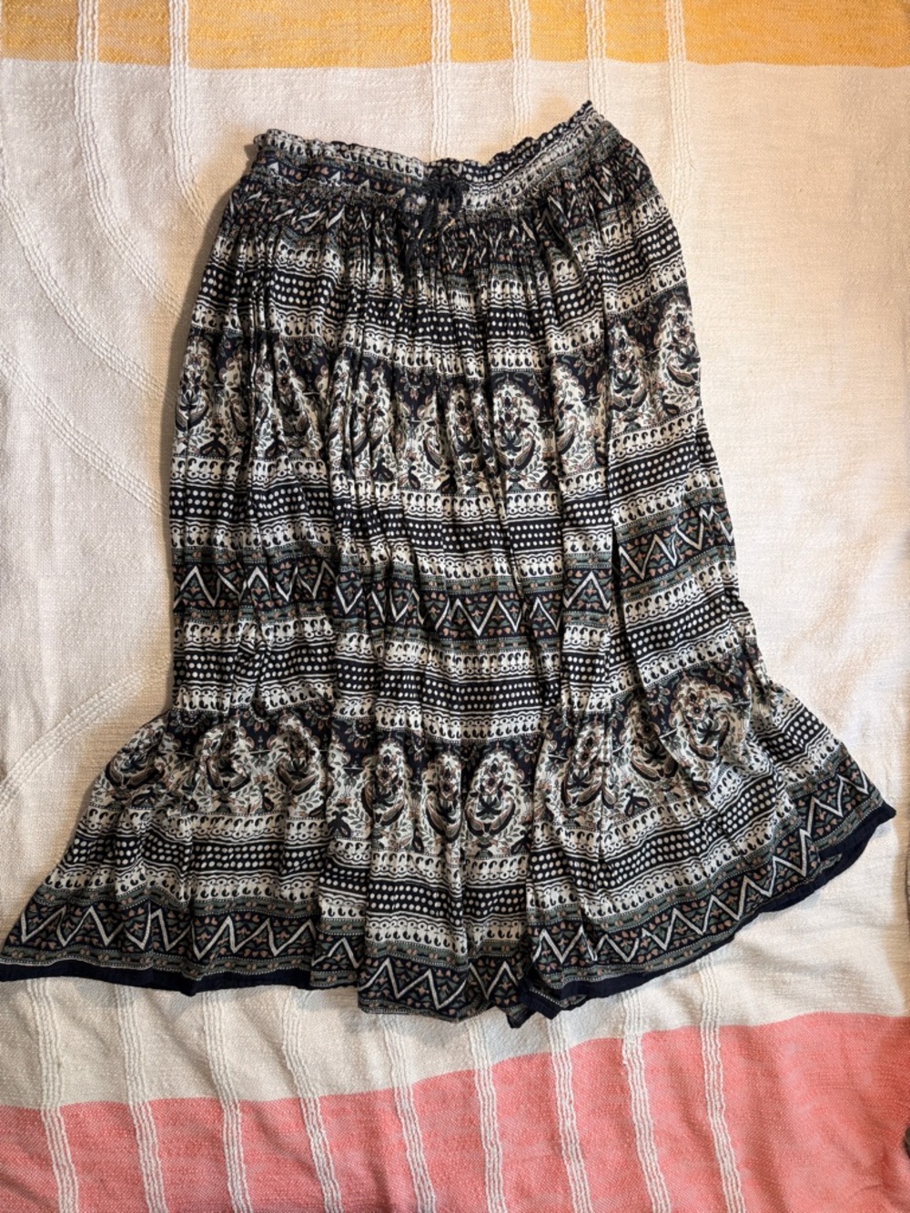 Boho Black & Cream Printed Maxi Skirt with Smocked Waist
